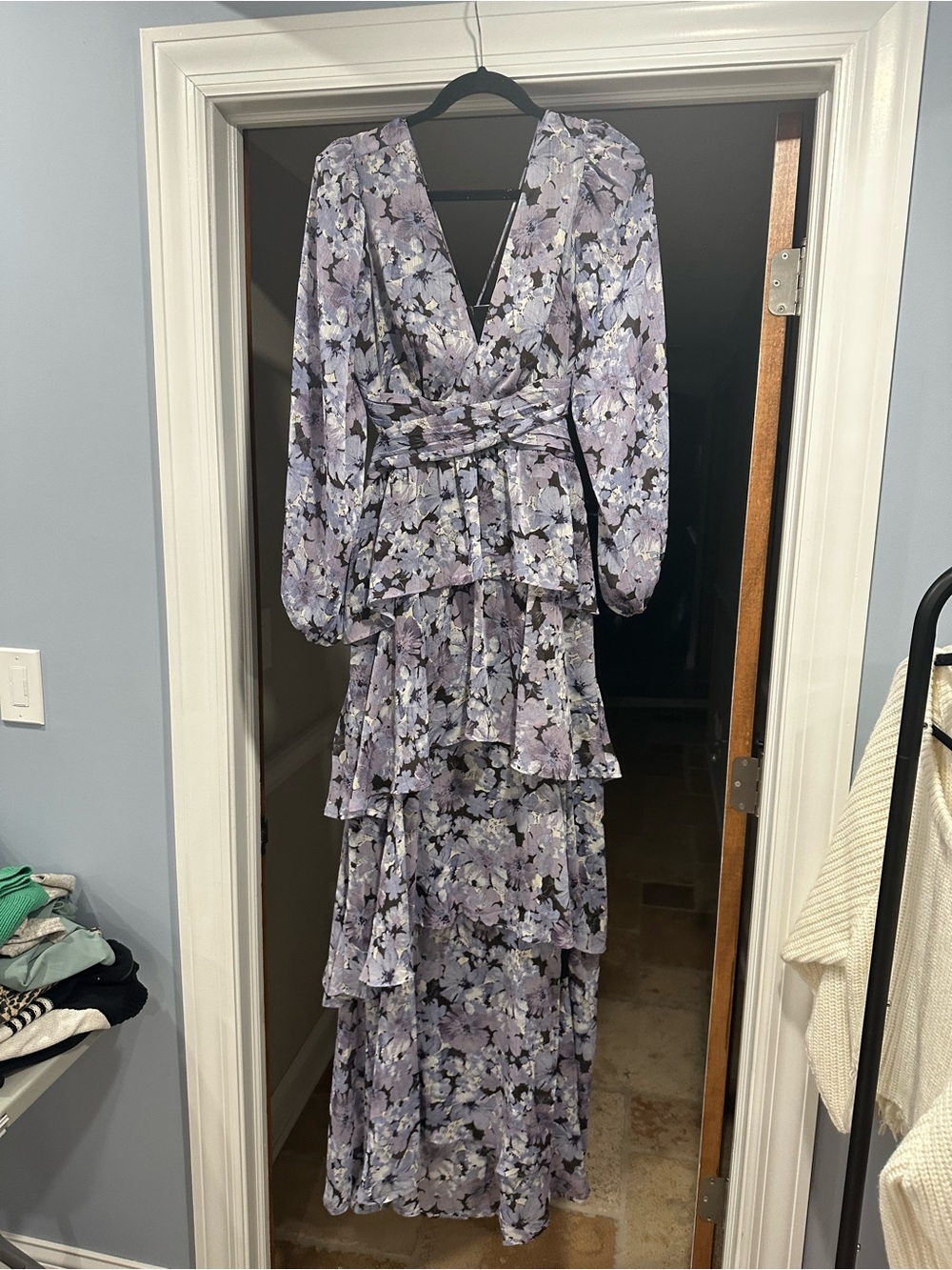 Astr Lavender Floral V-Neck Tiered Maxi Dress
